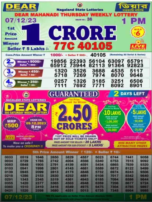 Lottery Sambad Today Result Nagaland State Lottery 1 PM, 6 PM & 8 PM (লটারি সংবাদ)  Dear Lottery Result Today 7-12-2023